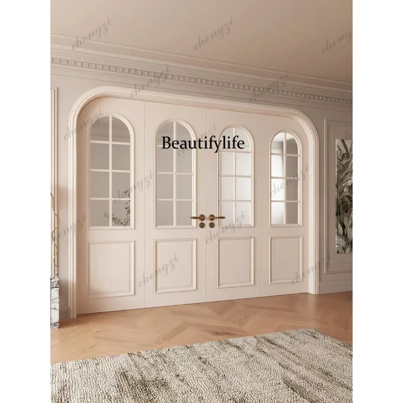 F181 Customization White Paint Medieval Style Hinged Wooden Door Stick Lines Midcentry Deep Lines Four Door Arc Line Glass