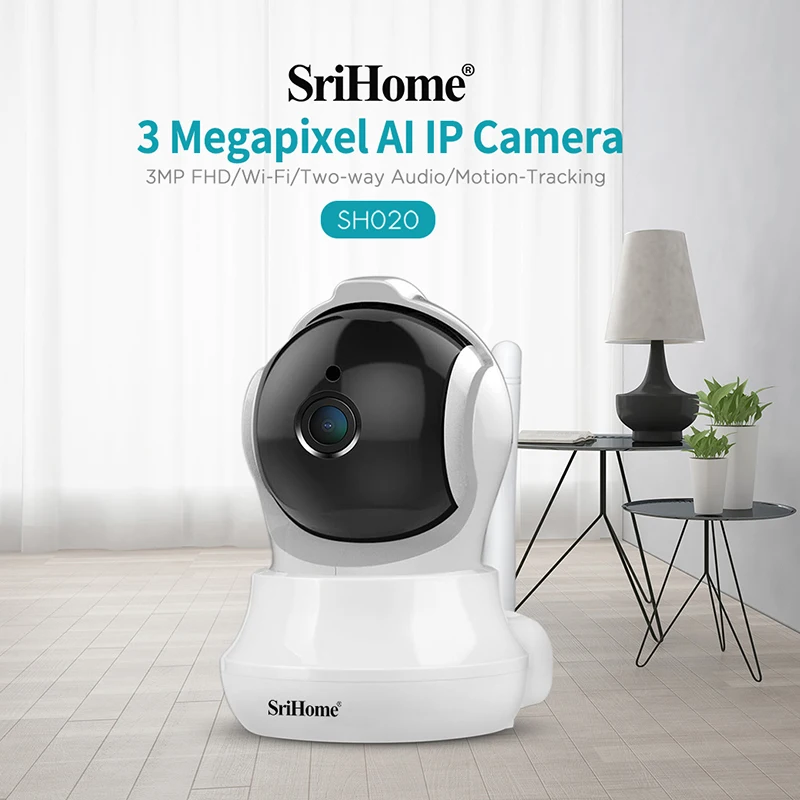 SriHome SH020 Home Smart Mini WiFi IP CameraS 3MP CCTV Surveillance 1296P Wireless PTZ  AI Auto Tracking Video Surveillance  Cam