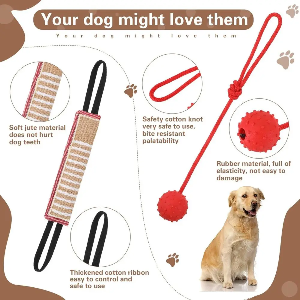 مجموعة معدات تدريب الكلاب: كم، وسادة، لعبة شد، عصا، كرة مطاطية للعض، جلب تدريب الجرو K9 (أحمر)