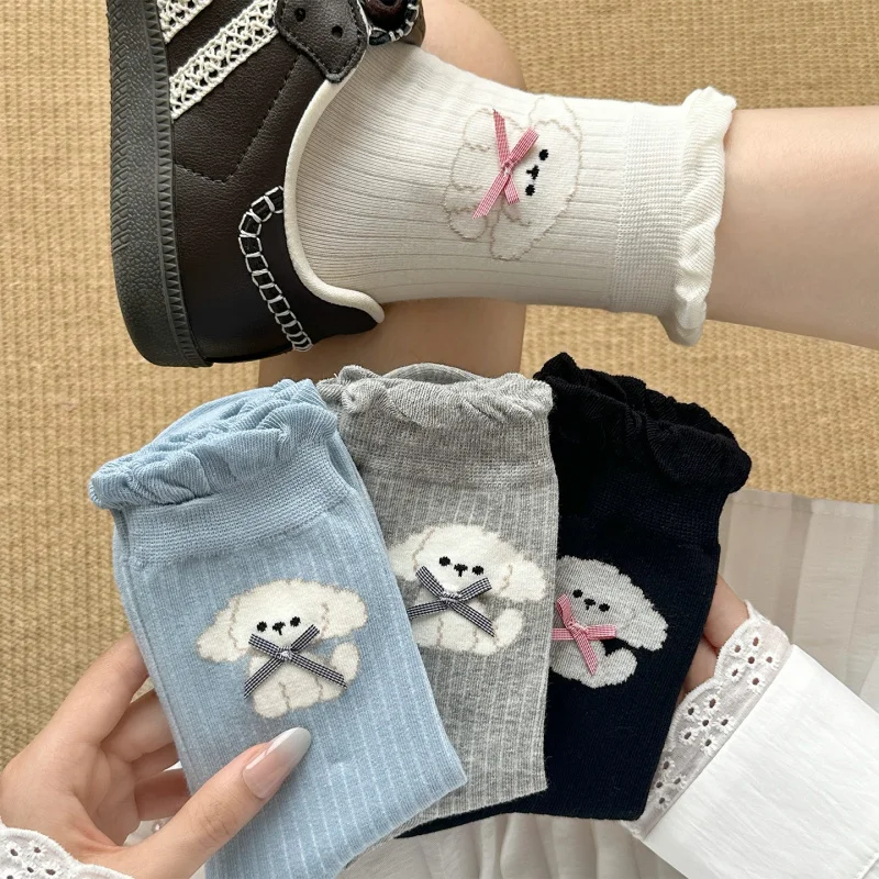 

Женские носки с мультяшным узором, летние тонкие стильные носки с рюшами по краям, носки до середины икры, модные хлопковые, впитывающие пот, дышащие