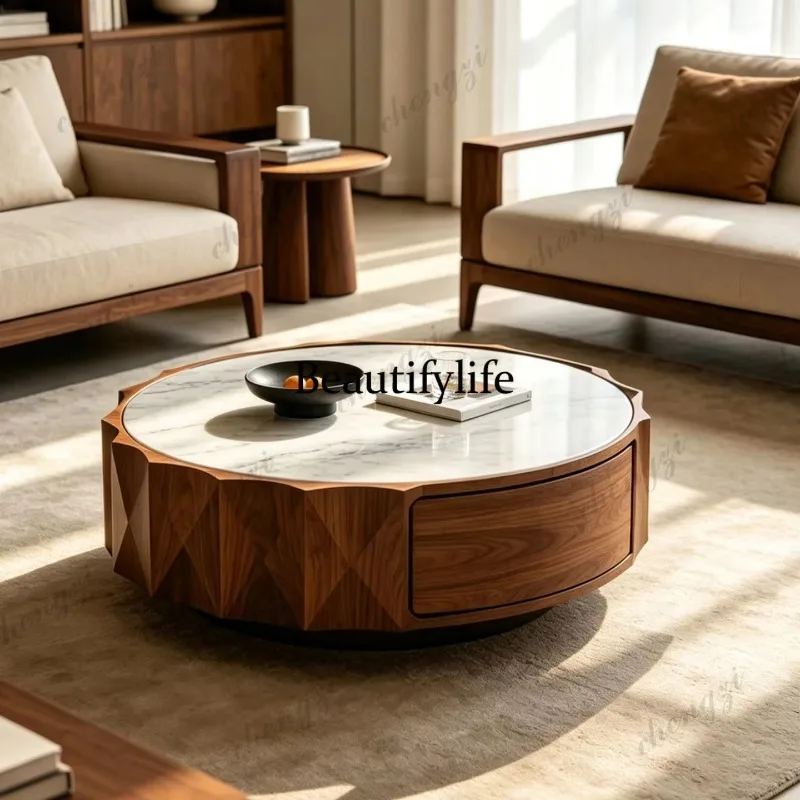 F181 Ash wood round rock slab coffee table Italian minimalist storage round coffee table all solid wood floor