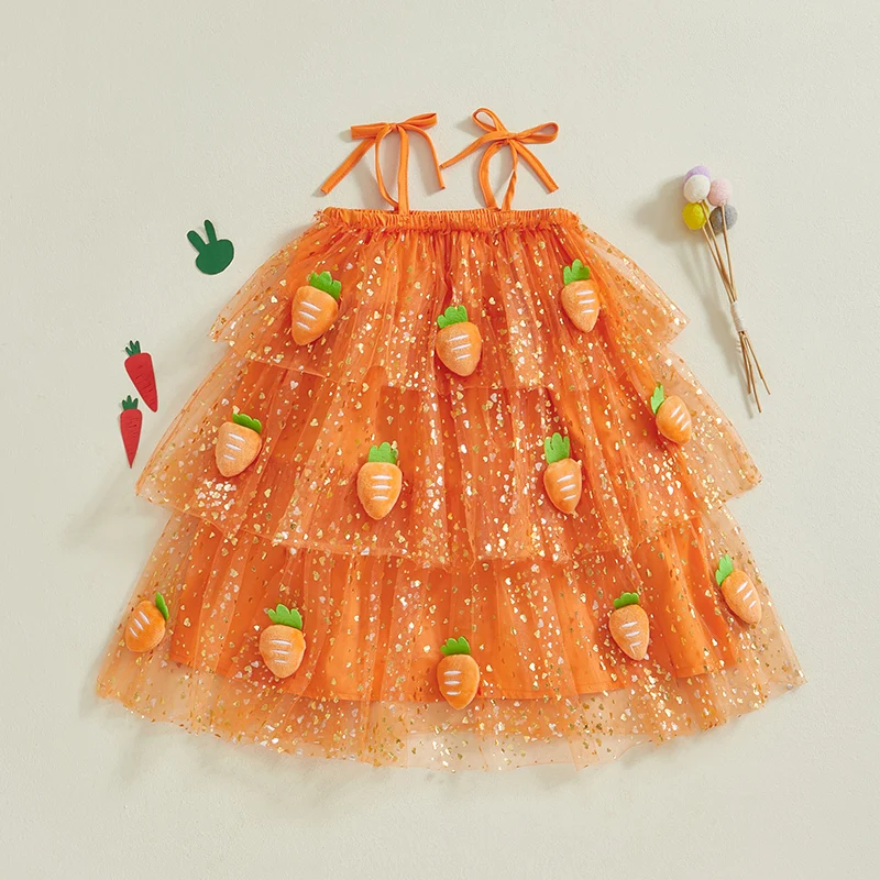 1-6Y Little Girl’s Slip Dress Carrot Decor Sequined Heart Print Sleeveless Tie Strap Summer A-Line Easter Dress Tulle Cake Dress