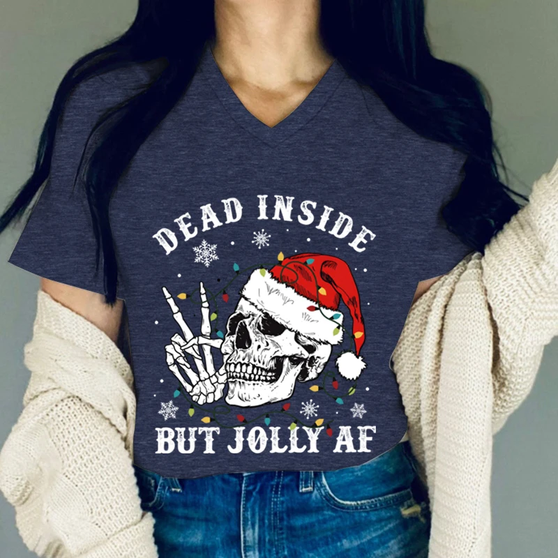 New Women\'s Christmas Skull Print Vintage T Shirt Short Sleeve V-Neck Streetwear \