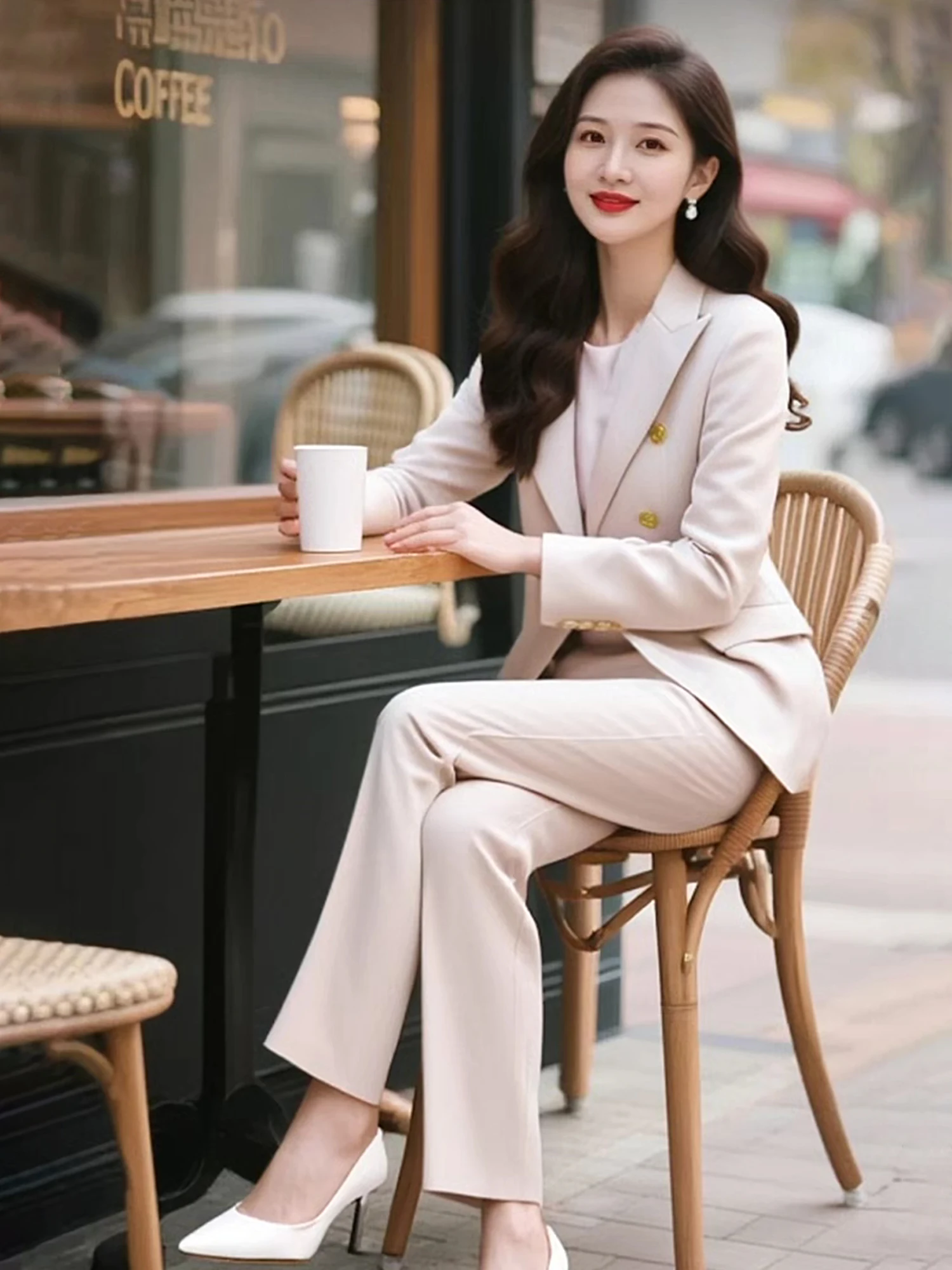 

Ele Double-Breasted Women's Suit Jaet Formal Interview Outfit Profional Career Women's Faion Autumn Commute Sle