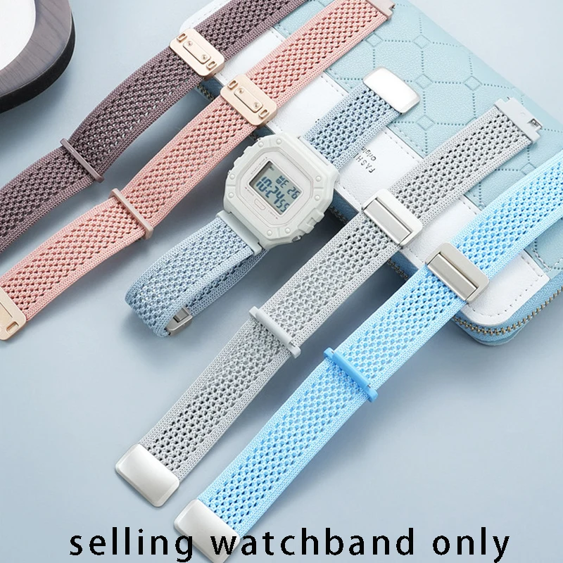 DIY canvas bracelet for Casio small square W-218HC women's magnetic clasp multi-color elastic nylon watch strap 18mm