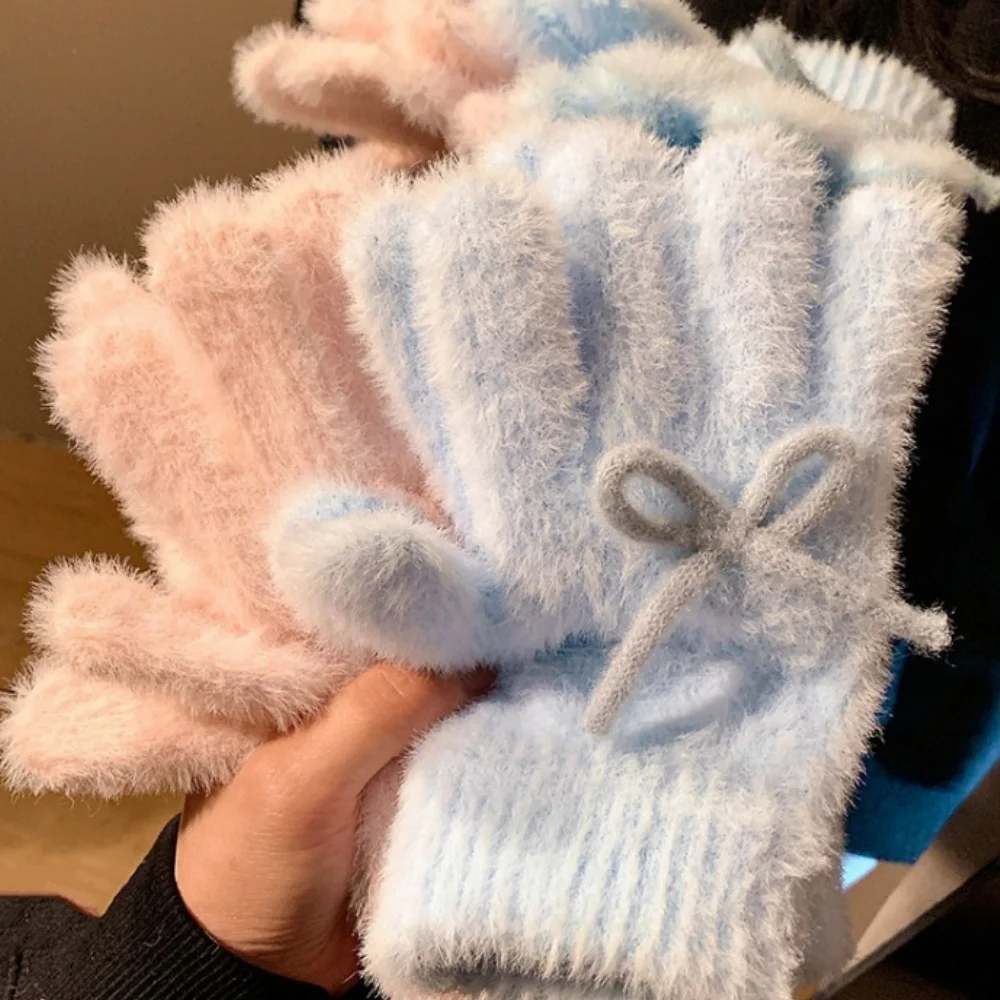 

1 пара молочно-голубого молочного порошка, плюшевые вязаные перчатки, женские зимние милые перчатки с бантом, утолщенный антифриз для пальцев, студенческие теплые велосипедные перчатки