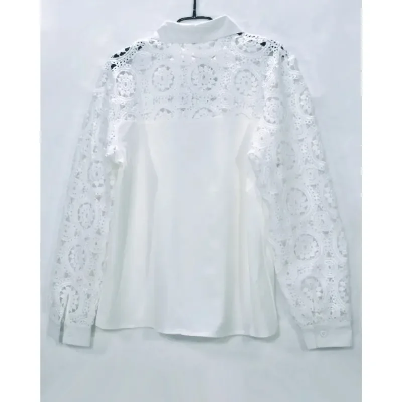 Shirts Elegant Office Ladies White Collared Lace Patchwork Hollow Out Button Up Womens Tops And Blouses 2024 Fashion New Blouse