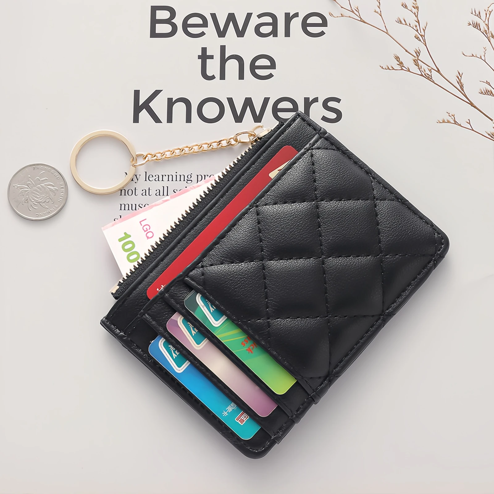 Gewatteerde minimalistische ringui mini-portemonnee - ID-tas met meerdere kaartsleuven en ID-houder, portemonnee met ritssluiting, kunstleer-tan