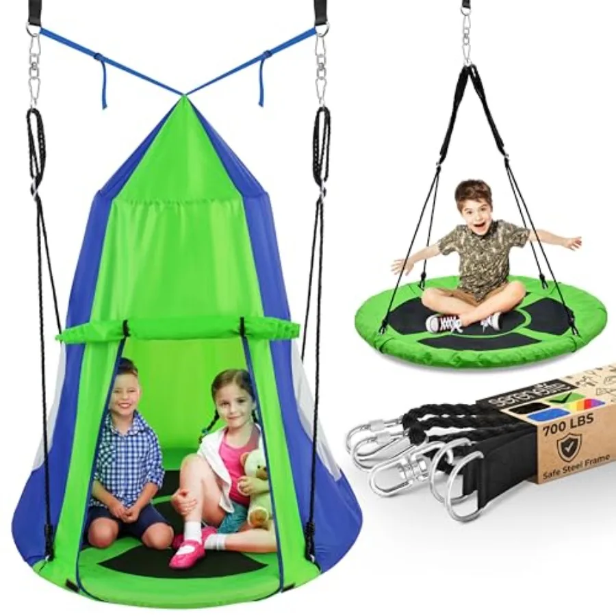 

40 Hanging Tent Swing Outdoor Saucer Swing with Rope Straps Green Large