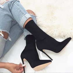 Women 7.5cm 10cm High Heels Silk Sock Boots Green Low Heels Short Ankle Boots Lady Stripper Winter Pointed Toe Satin Sexy Shoes