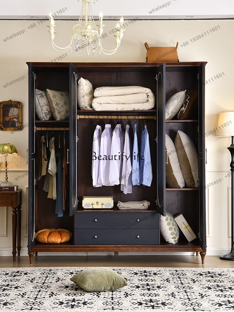 JJ American French retro all solid wood large wardrobe modern simple bedroom wardrobe locker