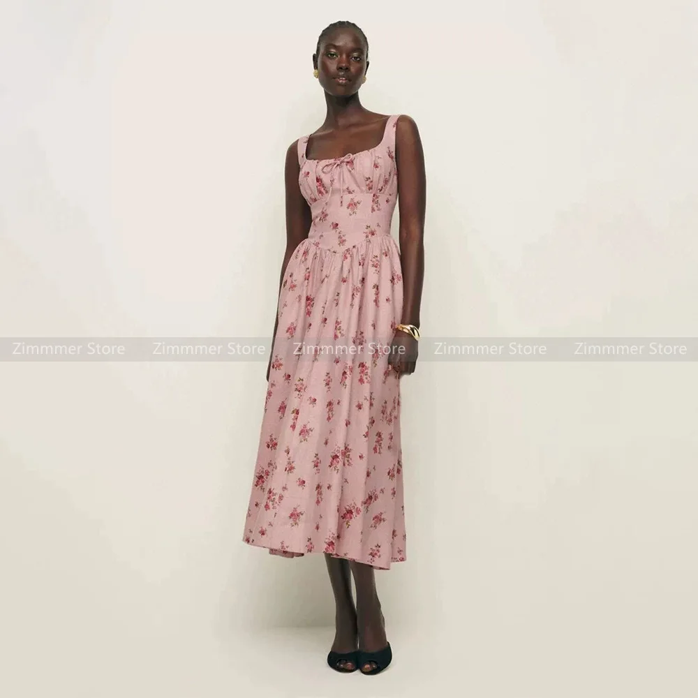 

French Niche Pink Resort Style Linen Small Floral Printed Waisted Camisole Long Dresses