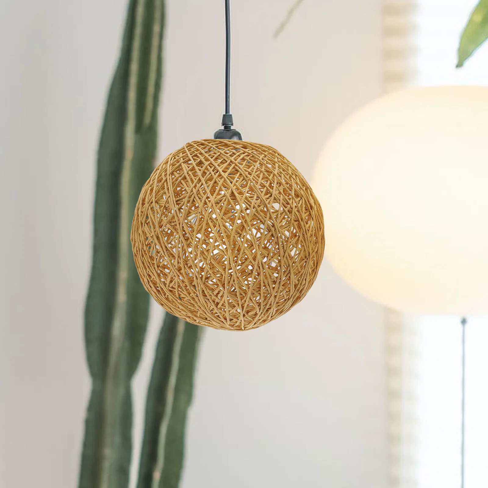 

2pcs Round Globe Pendant Shades Woven Rattan Hanging Light Cover Rustic Decorative Lampshade For Ceiling Lamp Home Restaurant