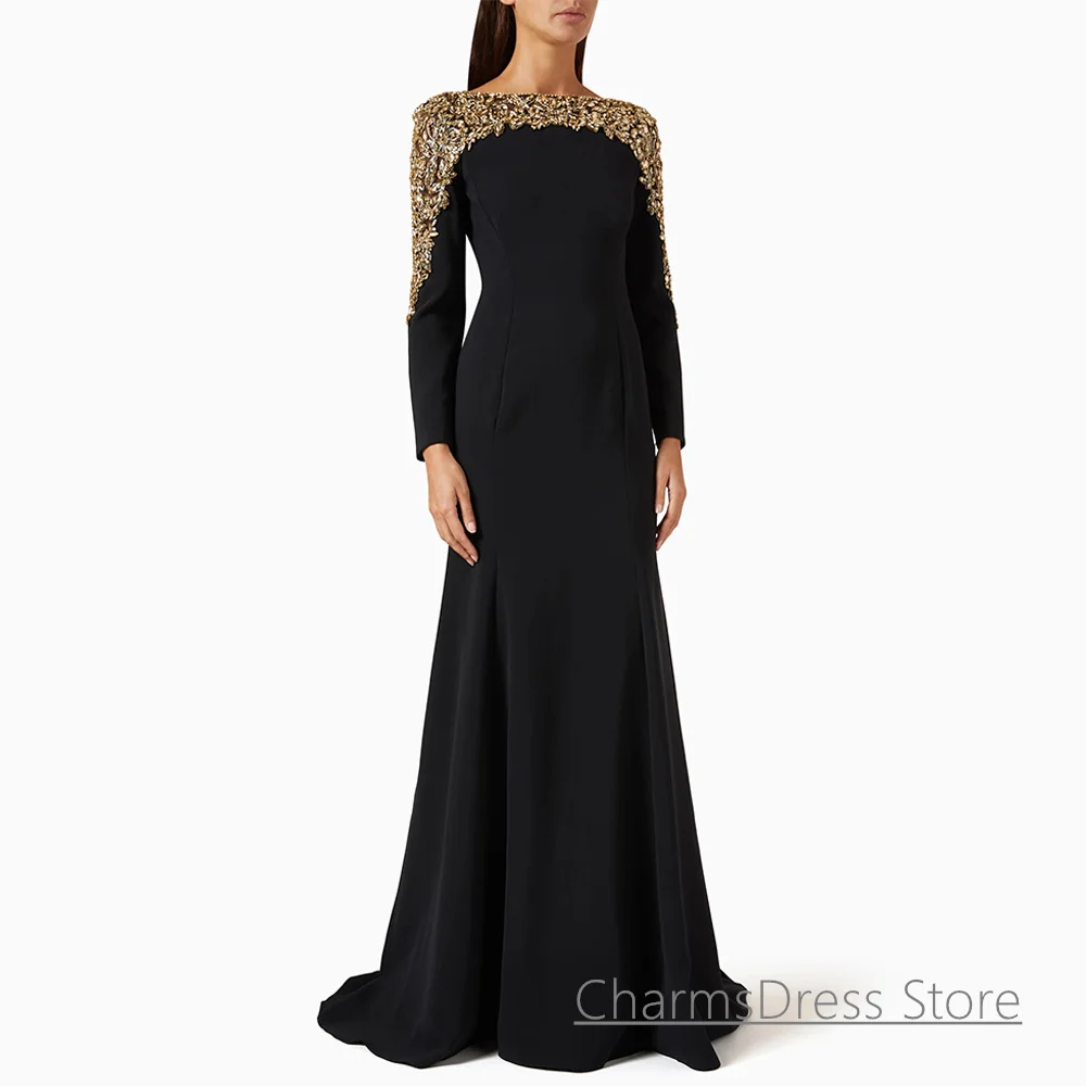 Vestido de noche negro con cristal dorado, mangas largas personalizadas, cuello barco, tren de barrido, vestido de fiesta árabe, vestidos de graduación saudíes