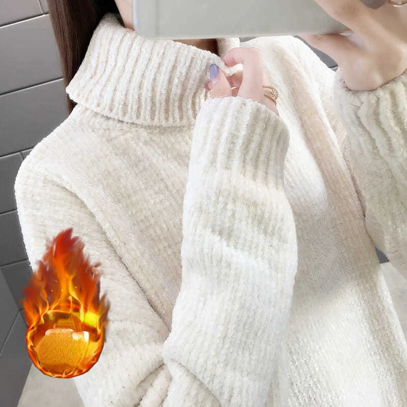 Chenille Turtleneck Sweater for Women Autumn Winter Korean Style Solid Color Thick Pullover Sweater Loose Lazy Style Sweater