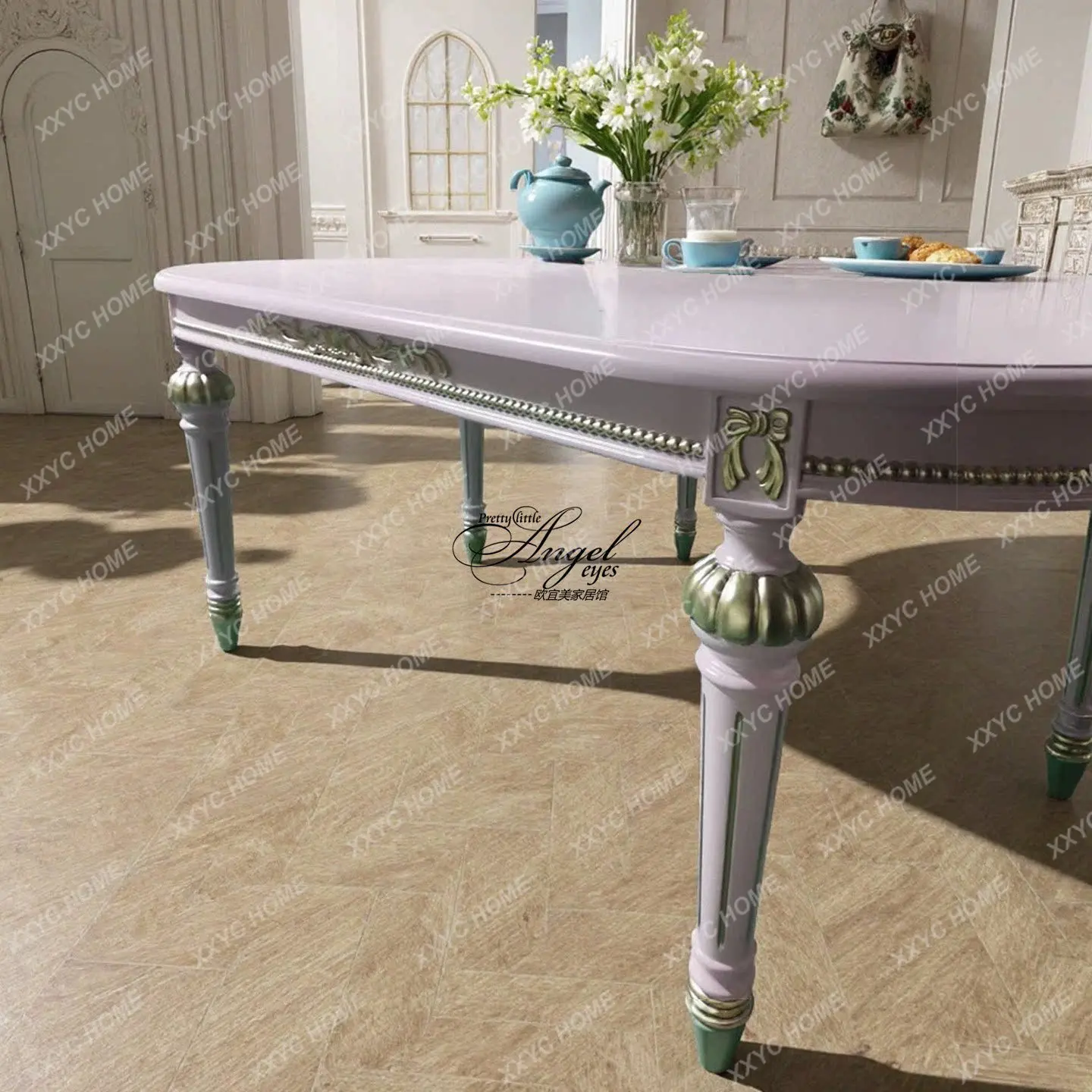 Dining table Country solid wood carving flower oval dining table Vintage carved bow Home dining table