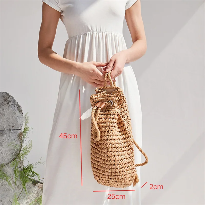 Women Summer Casual Straw Backpacks Handmade Drawstring Beach Shoulder Bags Ladies Raffia Rattan Woven Travel Handbags 2024