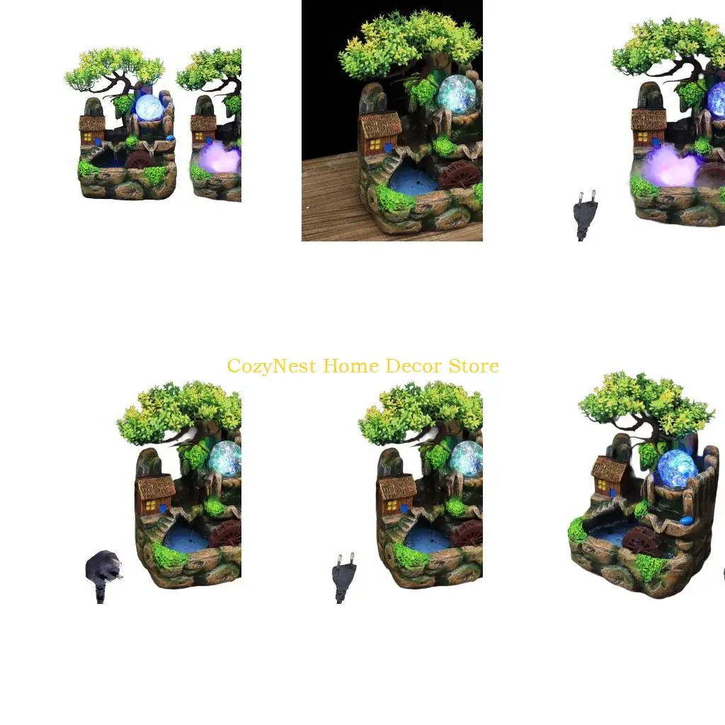 92MF Resins Desktop Fountains Indoor Rockery Waterfall Fountains with LED Light and Atomizer for Home and Office Decoration