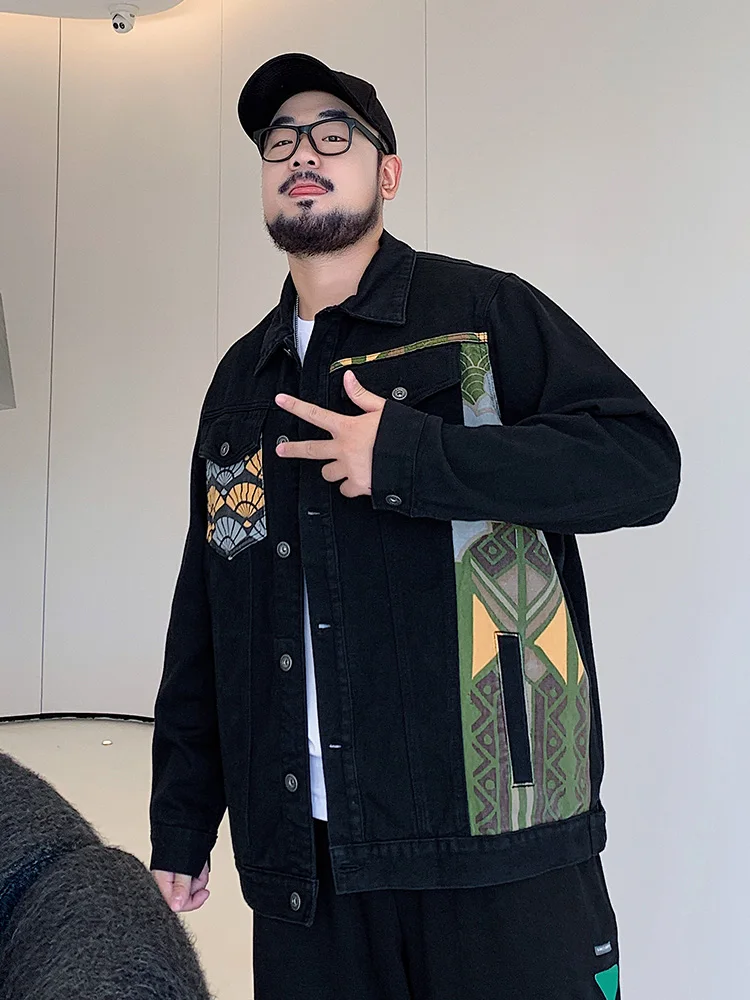 

Autumn Winter Men's Loose Fit Fce Lined Denim Jaet Trendy Brand plus Size Casual Loose Sle Geometric Pattern Design