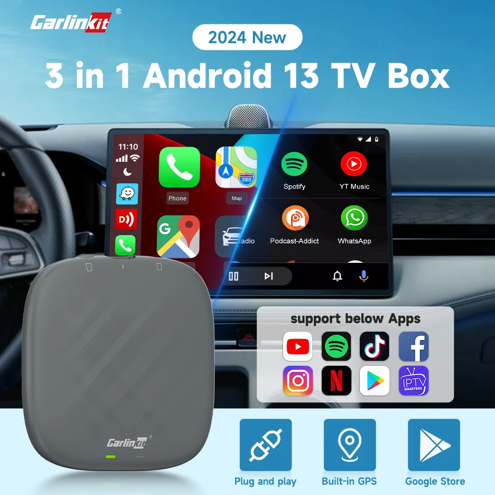 CarlinKit Wireless Carplay Android Auto TV Box Android 13 4+64G Carplay Wireless Adapter Wifi 5.8 AI Box for IPTV Youtube IOS17