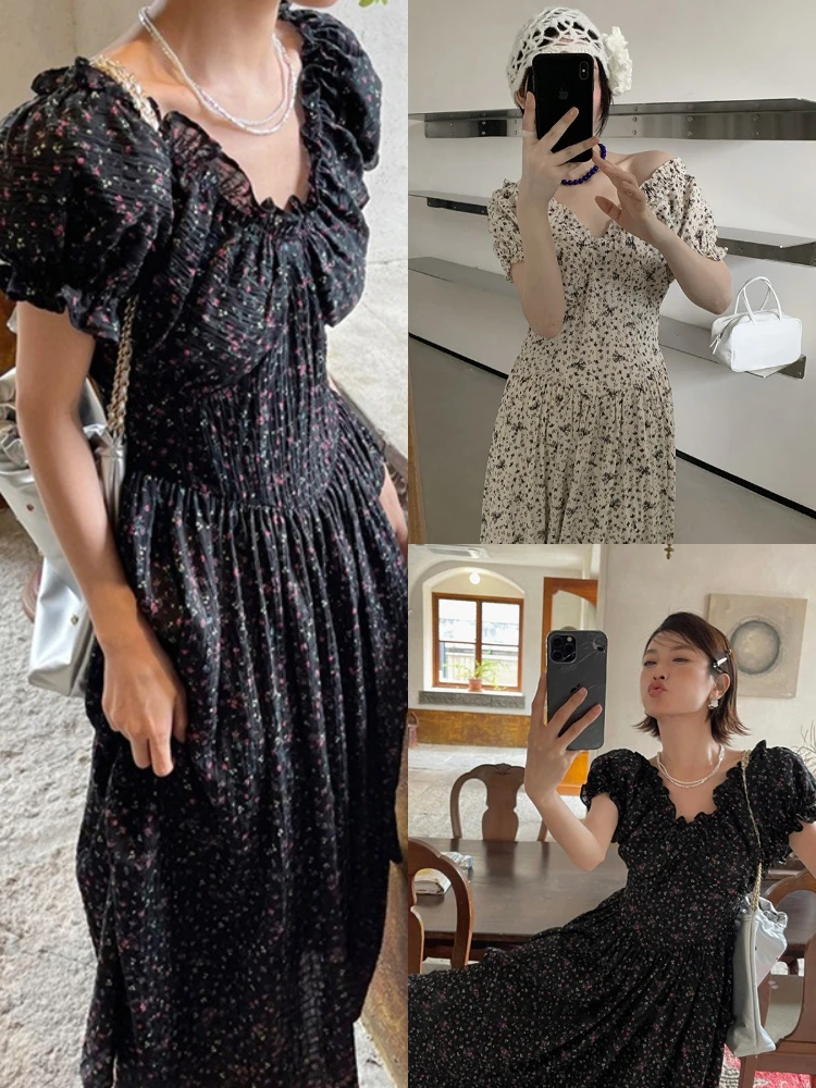 レトロな花柄プリント、パフスリーブとウエストシェイプのVネックロングAラインスカート、女性用サマーシーズンハイウエスト