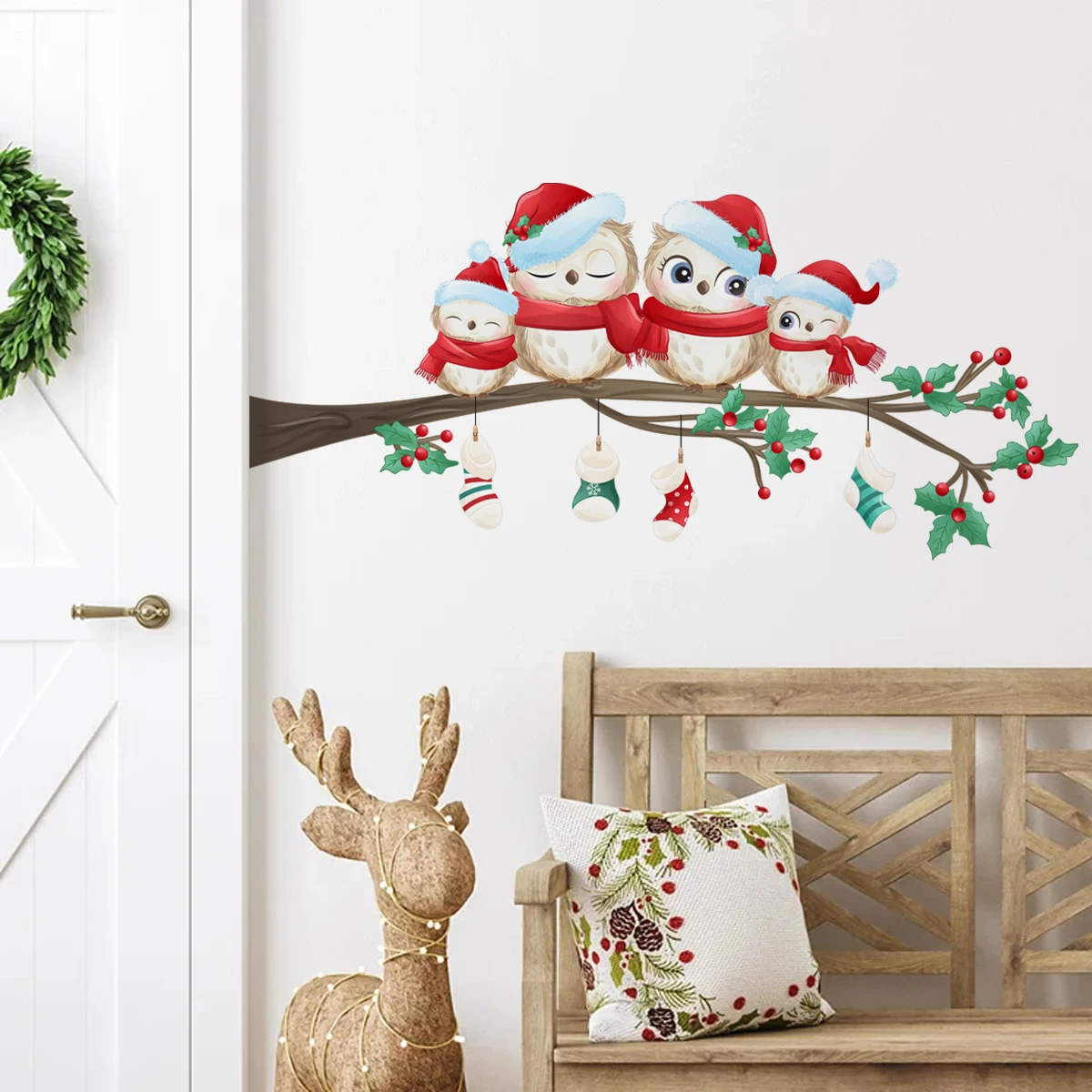 

Cartoon Owls Socks on Tree Branch Wall Stickers Child Room Kinds Room Window Playroom Holiday New Year Living Home Decor Gift