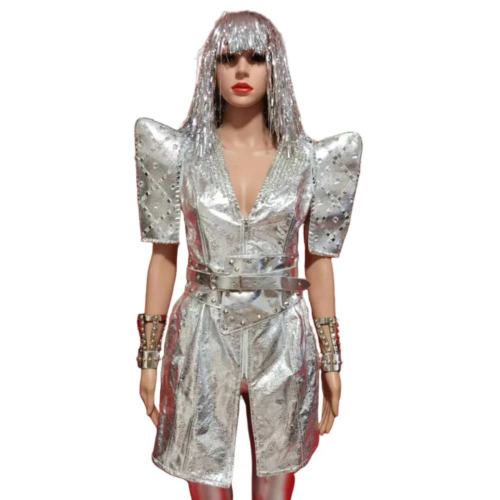 Abrigo con hombreras y remaches de charol plateado para mujer, abrigo para Bar, club nocturno, cantante, concierto, puesta en escena, disfraz de Drag Queen