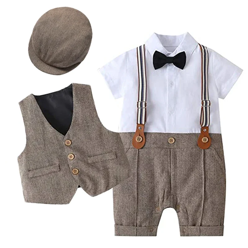 Baby Boy Church battesimo Gentleman pagliaccetto Costume Set tute neonati maschi battesimo vestito neonato cappello gilet