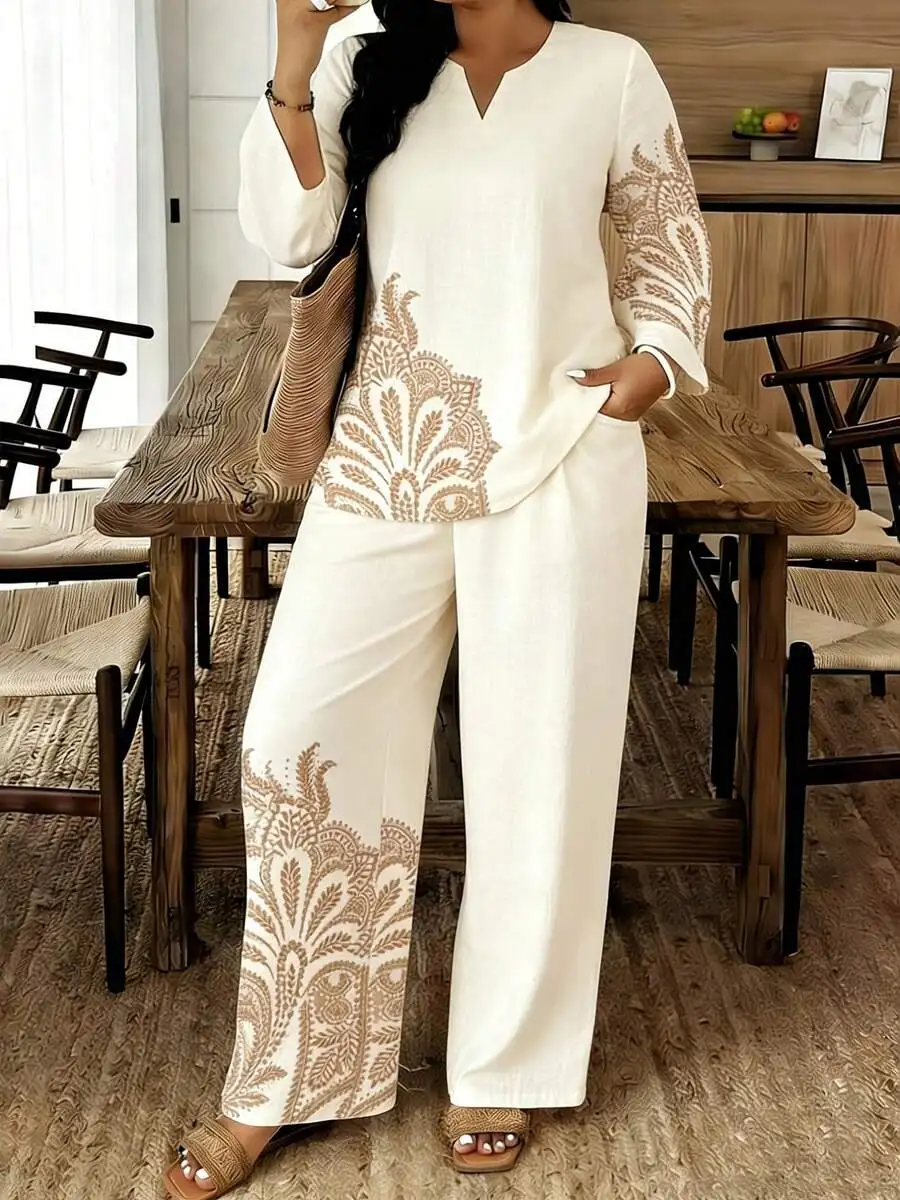 

Plus Size Brown Leaf Print 2 Piece Set V Neck 3/4 Sleeve Top Wide Leg Pants Casual Loose A-Line