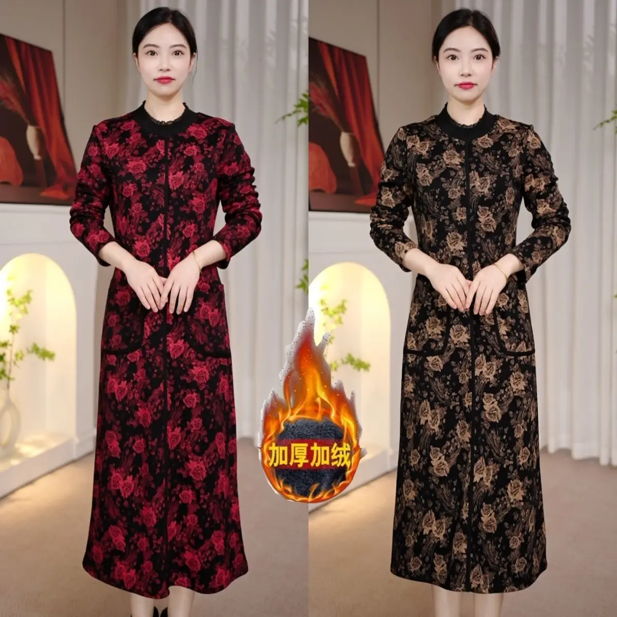 

Women's Long Sleeves Printed Dress Crew Neck Fleece Lined Autumn Winter Thermal Long Ski Middle Age Thicken Fashion Dress C215