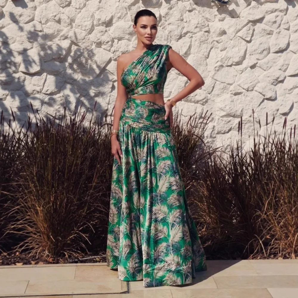 

Holiday Green Print Flowers Dress Diagonal Collar Top High Waist Spliced Metal Chain Split Long Skirt Suits Birthday Vacation