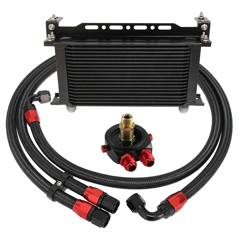 19 Row 248mm AN10 Universal Engine Transmission Oil Cooler w/Bracket + Oil Filter Hose End Kit Blue/Black