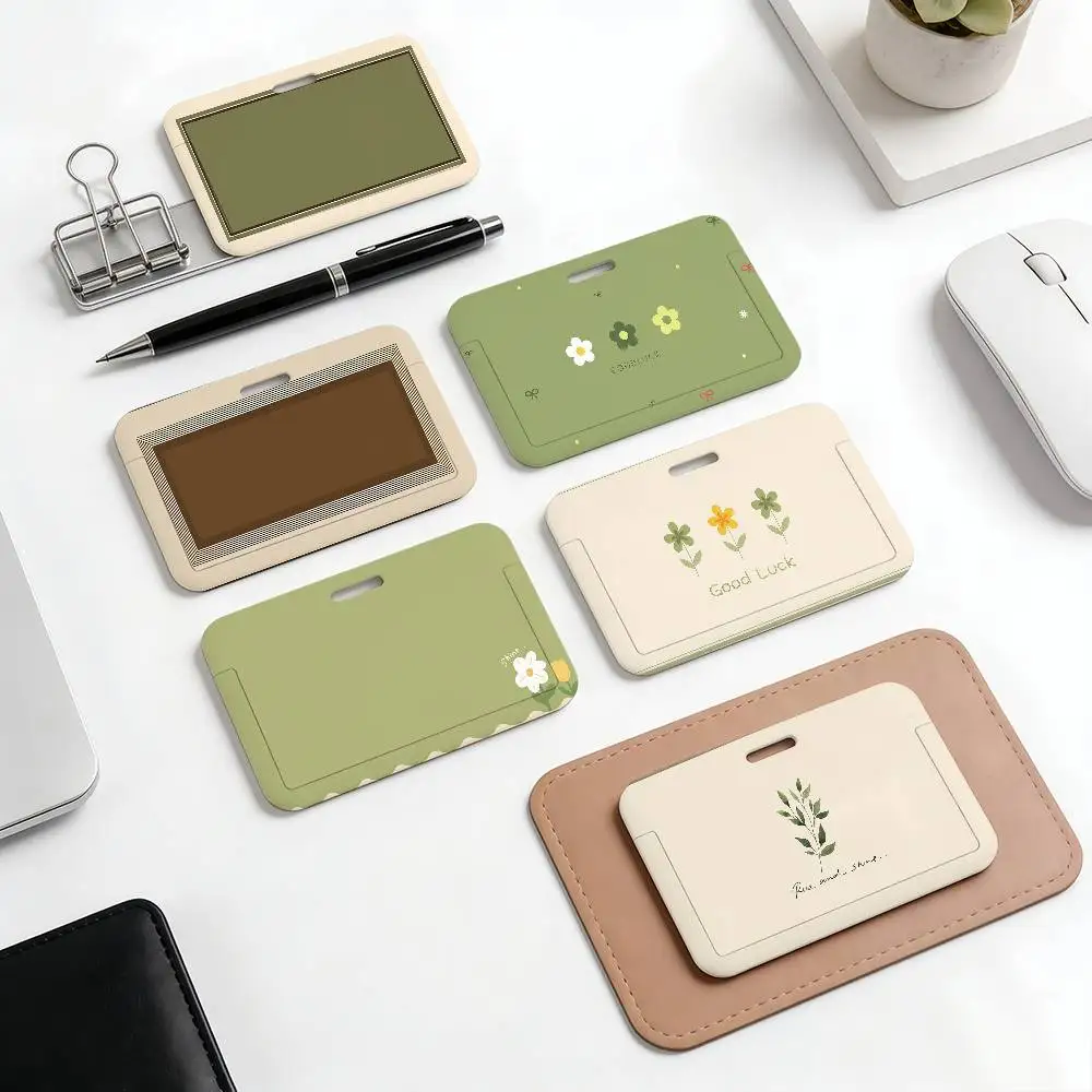 Fashion Modern Simple Floral Brown Green Lines ID Credit Card Badge Holder Business Pass Hang Rope Keychain Credential Holder