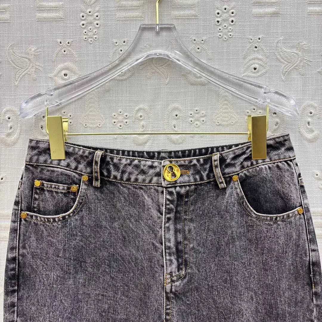 2025 New Fashion Autunno Slim Flare Jeans Donna Vita alta Oro Meatal Bottoni Polsino Lavato Vintage Streetwear Pantaloni in denim