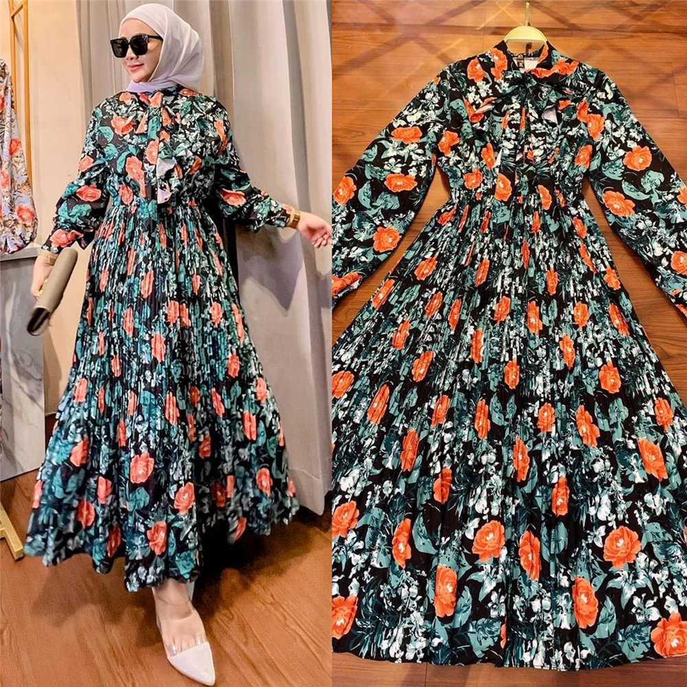 Fashion wanita Muslim Abaya Ruffles bunga cetak musim panas gaun Maxi Turki Arab Kaftan pesta Islam Jalabiya Kaftan gaun Vestidos