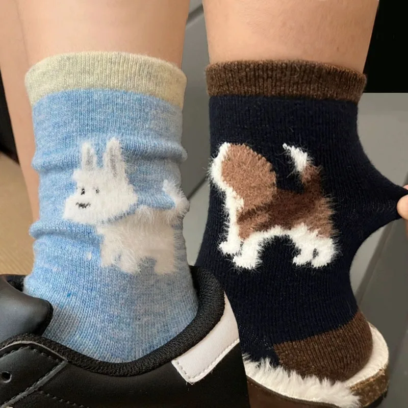 

Милые носки с рисунком собаки, зимние плюшевые бархатные флокированные носки с животными, кавайные теплые мягкие носки до середины икры с героями мультфильмов, рождественские подарки для женщин
