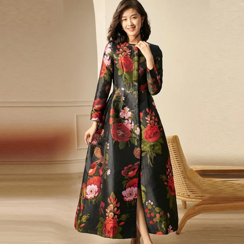 

2021 Spring Fall Vintage Womens Clothes Luxury Dobby Floral Pattern Trench Coat , Woman 3xl High Waisted Long Coats