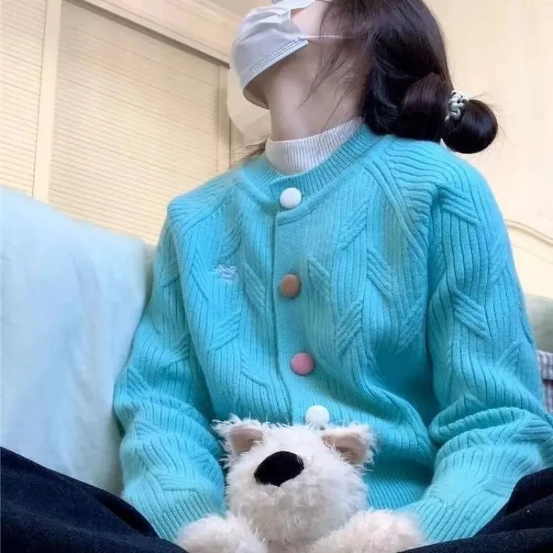 

Женская одежда, весенне-осенний модный корейский однотонный вязаный женский универсальный свободный кардиган на пуговицах с круглым вырезом, пальто, топы