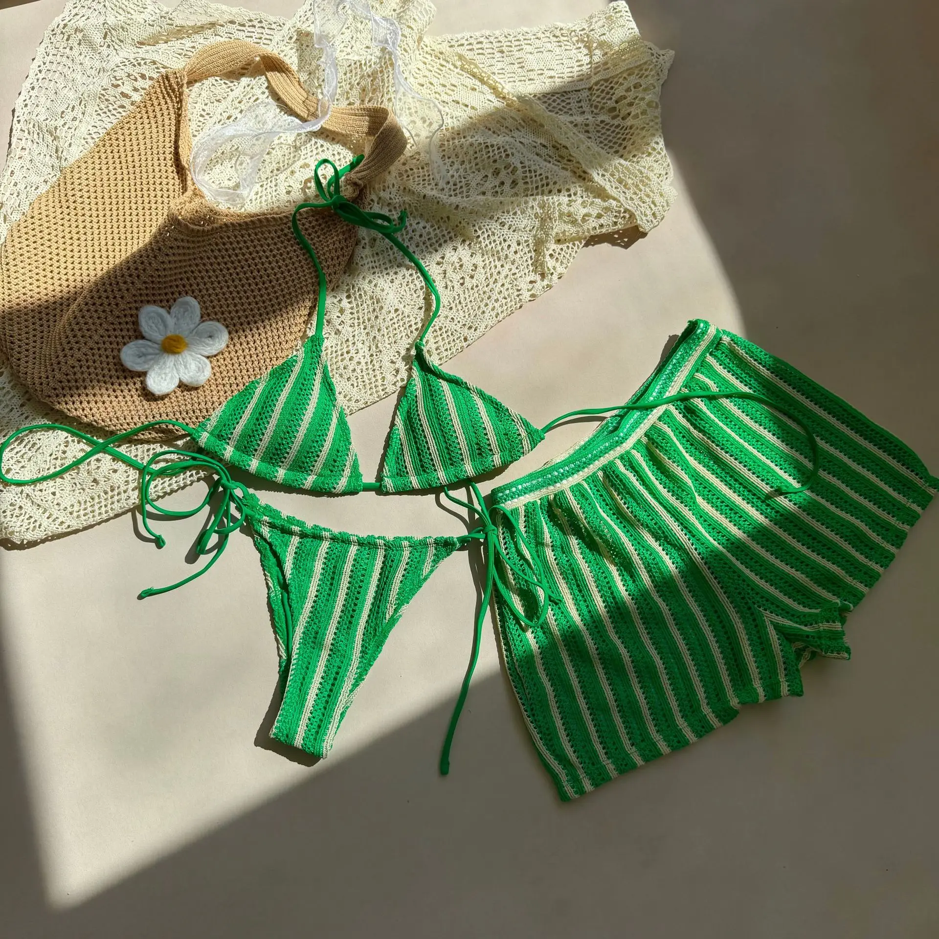 

sexy knitted striped halter tie bikinis sets three pieces with shorts swimsuits beachwear bathing suit swimwear biquini tankini