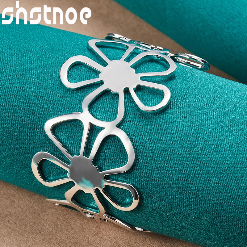3pcs 925 Sterling Silver Flower Jewelry Sets Snowflake Chain Pendant Necklace Bangle Earrings Set For Woman Wedding Engagement