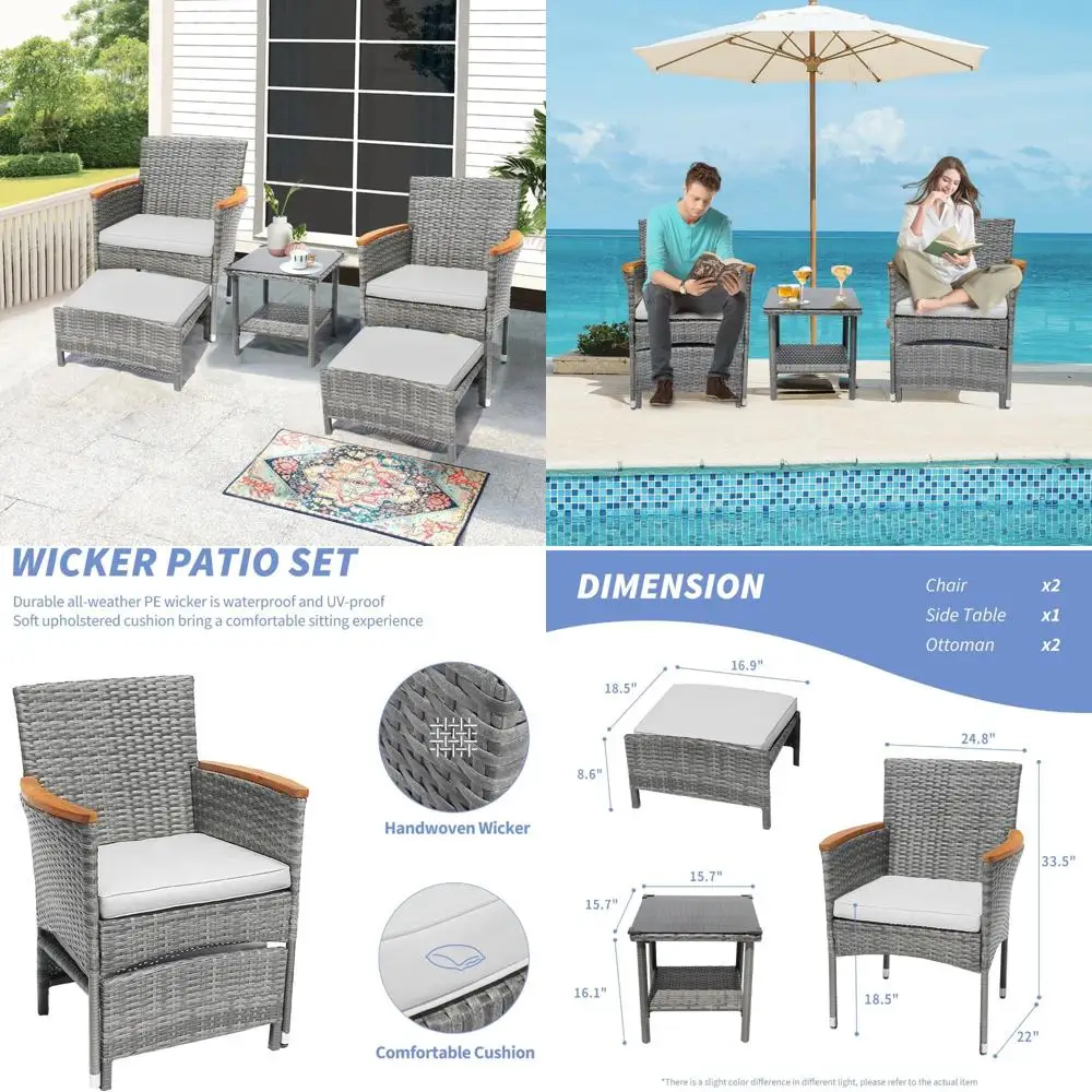 Gray Wicker Outdoor Patio Furniture Set with Table and Ottoman, 5-Piece Bistro Style