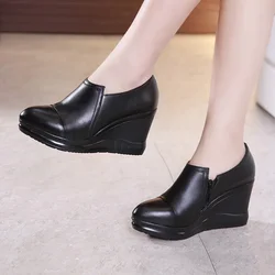 7cm Small Size 32-43 Fall Winter Deep Mouth Platform Wedges Shoes with fur Black 2024 High Heels Pumps Women for Office Mom Work