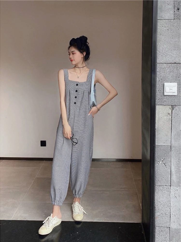 New Summer 2024 Plaid Short Sleeve Suqare Collar Female Bodycon Jumpsuit Full Lengt Rompers Women Jumpsuits Short Sleeve