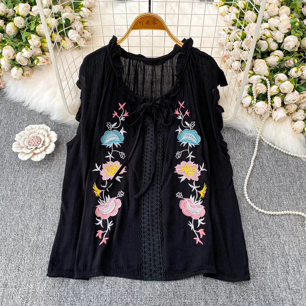 بلوزة نسائية صيفية بوهيمية موديل 2025 بدون أكمام بحافة أذن خشبية ورقبة على شكل حرف v بلوزات قميص مطرزة بالزهور بلوزة شاطئ بوهو غير رسمية #6