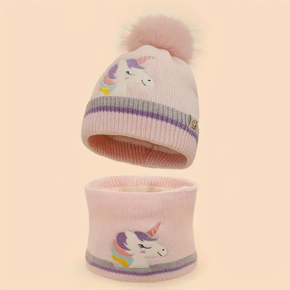 

1-7Y Girls' Unicorn Embroidered Knitted Hat with Colorful Pom-Pom Decorations Neck Warmer Set Fleece-Lined for Warmth Windproof