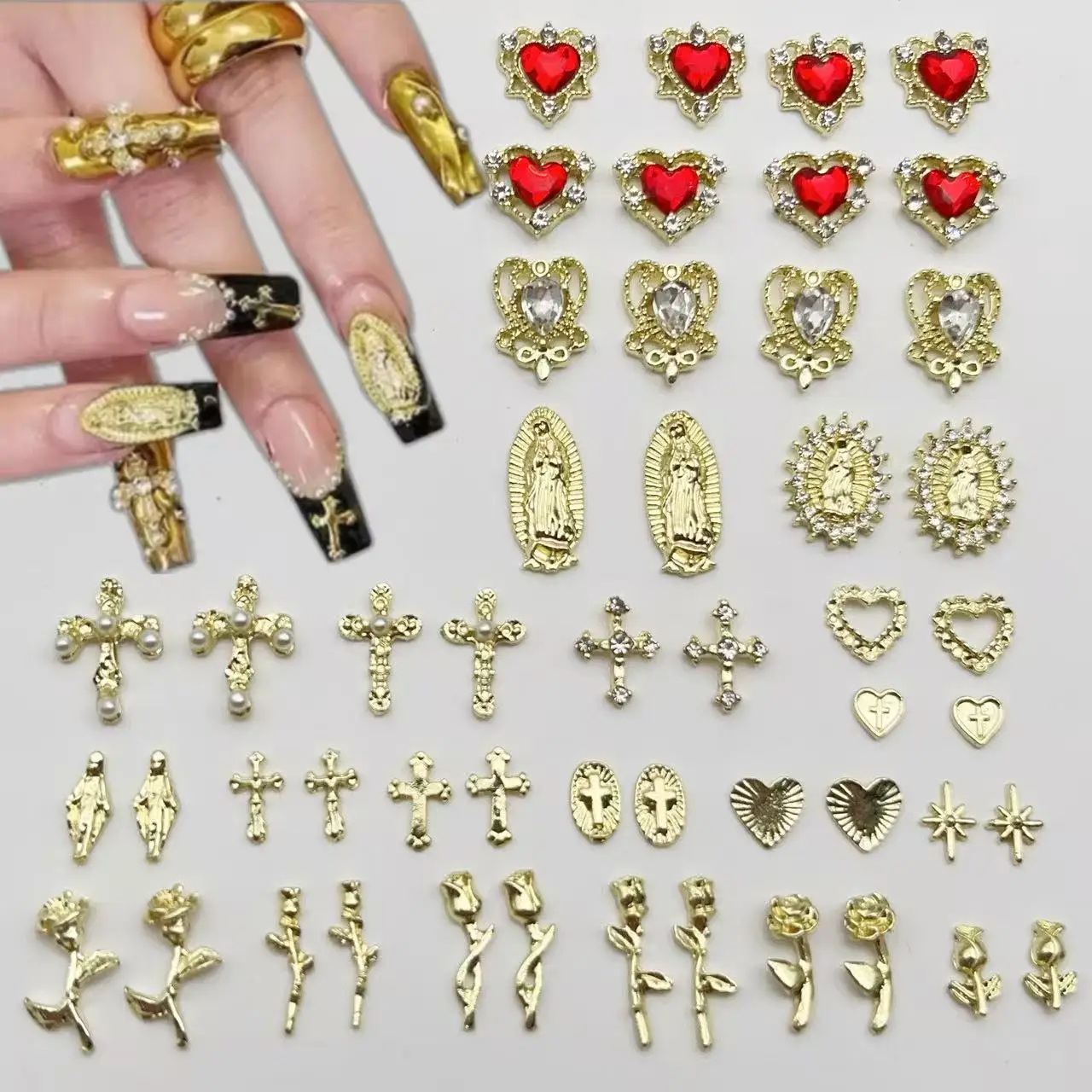 40PCS Heart Nail Charms 3D Red Nail Charms 10 Styles San Judas Cross Star Gold Nail Gems Alloy Love Crystals Nail Rhinestones view 5