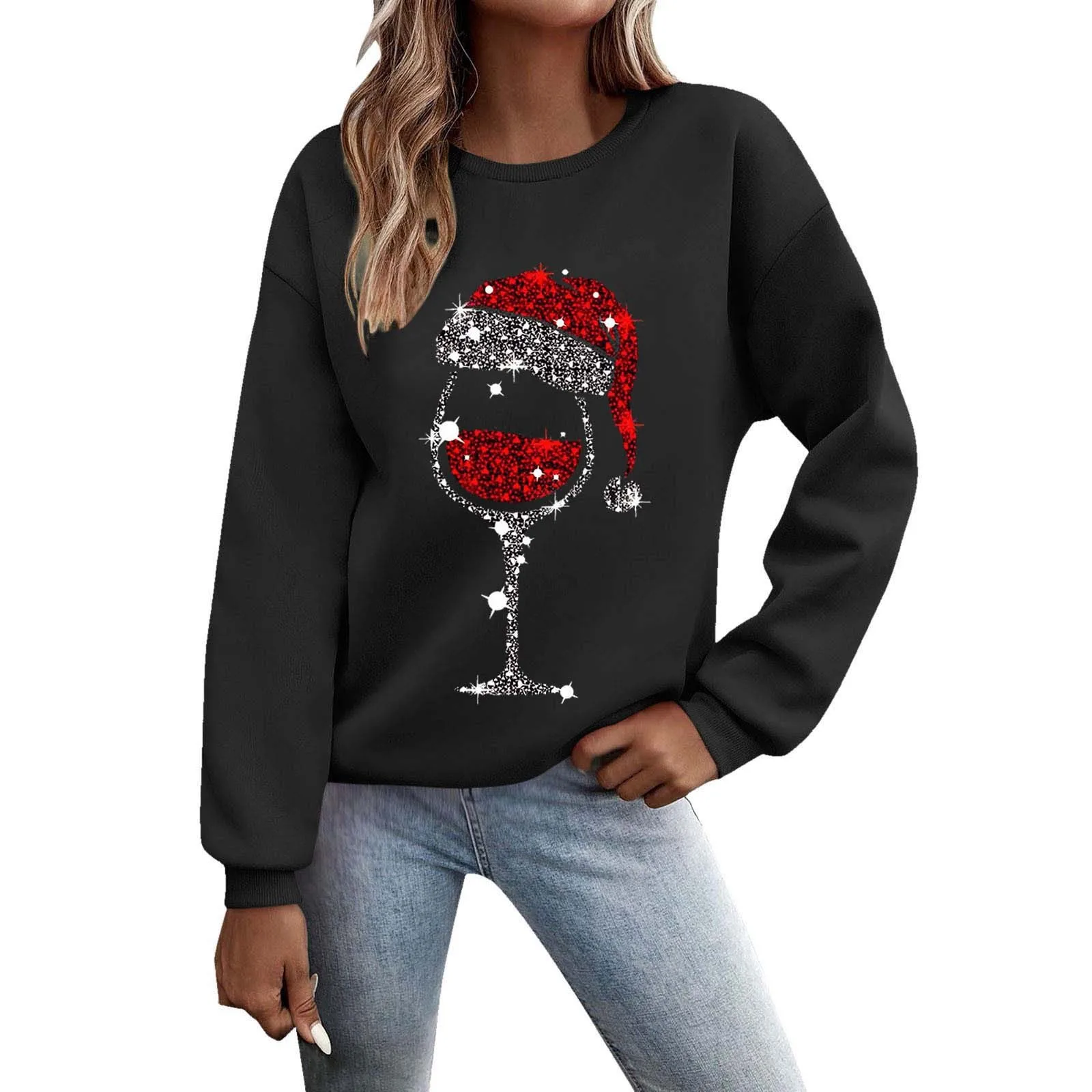 

New Christmas Wine Glass Printed Sweatshirt Women's Autumn Winter Crew-Neck Long-Sleeved Thermal Jumper Fashion Casual Hoodie