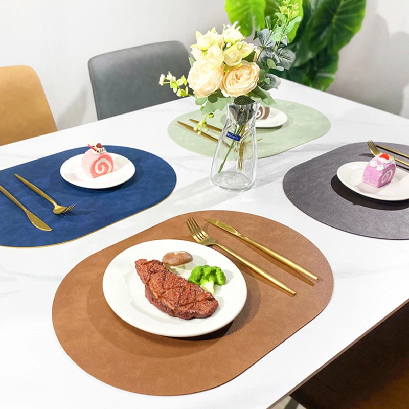 6/4pcs Cowhide Patterned Oval PU Leather Placemat Nordic Style Waterproof Hotel Home Double Sided Dining Table Decoration Mat