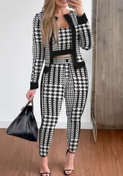 Two Piece Set Women Outfit Spring Fashion Plaid Print Contrast Paneled Open Front Long Sleeve Coat & Elegant Skinny Pants Set