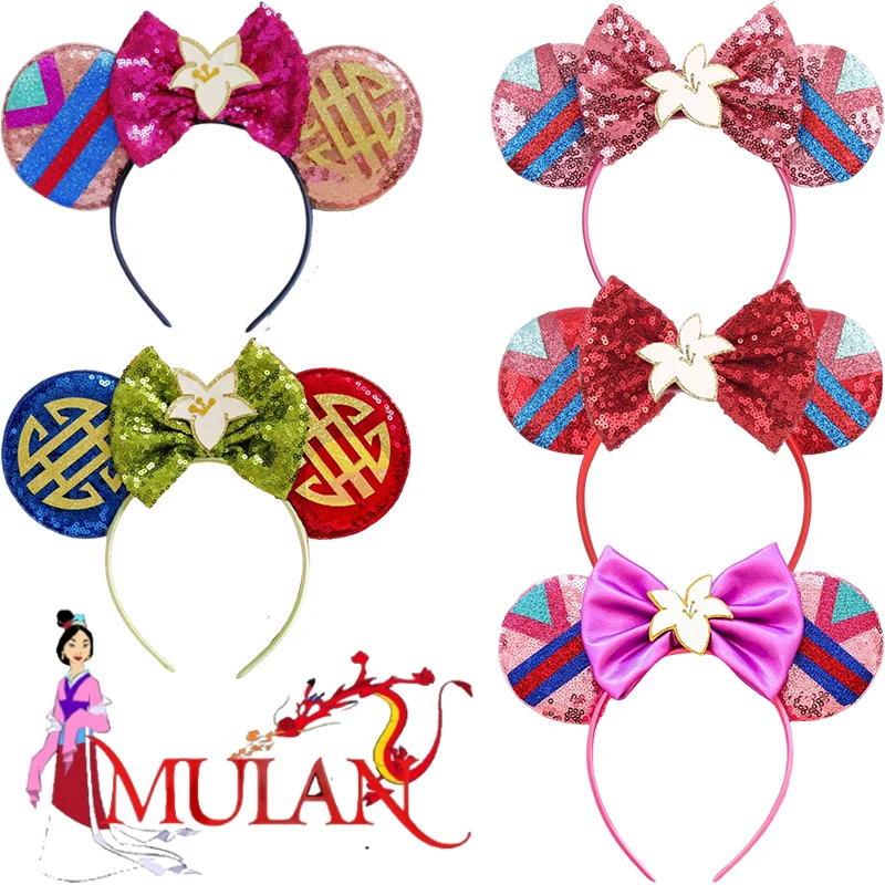 

Disney Mulan Hair Bands For Girls Cosplay Cartoon Clothing Ears Hair Accessories Women Magnolia Flower Sequins Bow Headband Kids